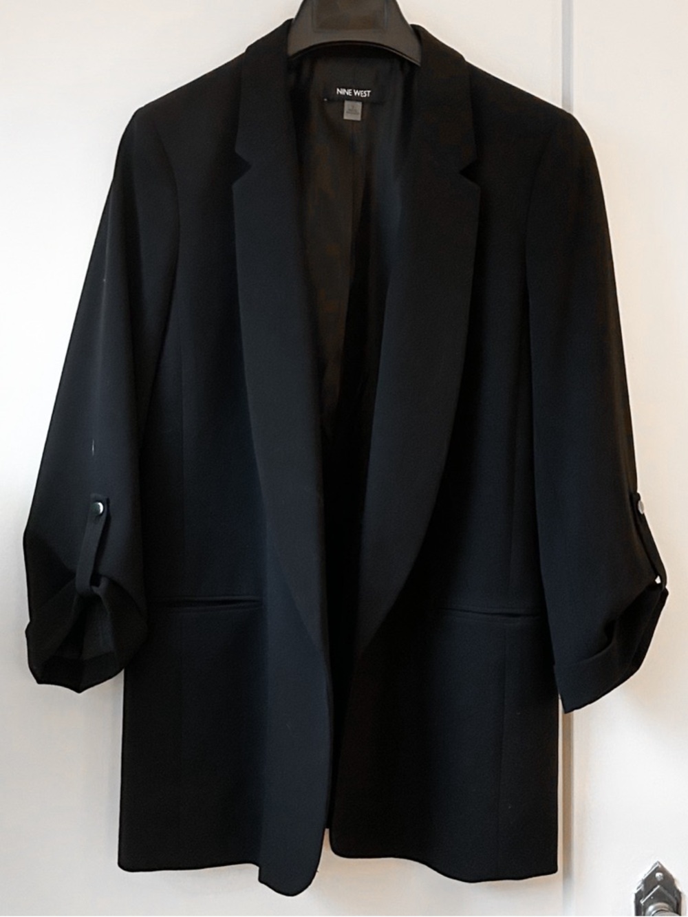 Nine West Black Relaxed Open-Front Blazer with Rolled Sleeves